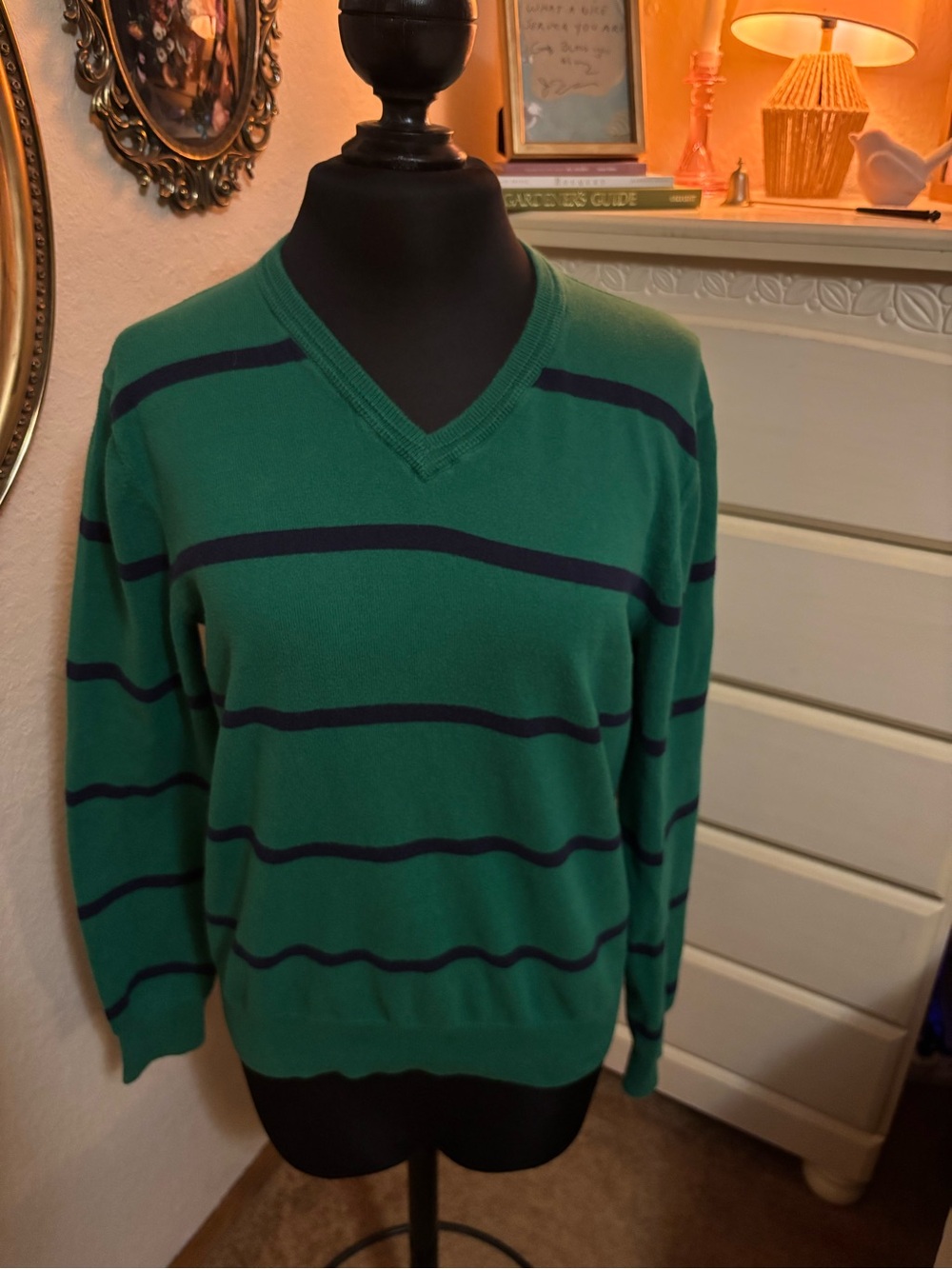 GAP Green V-Neck Sweater with Navy Stripes